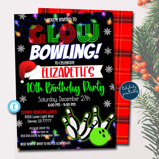Christmas Glow Bowling Party Invitation, Christmas Birthday Party Invitation, Holiday Bowling Company Party Invitation Flannel Plaid Party