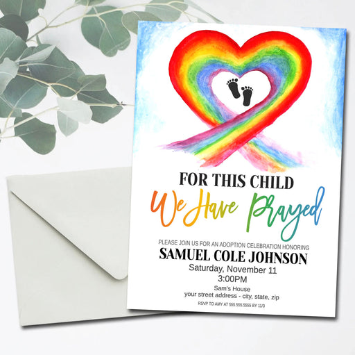 For This Child We Have Prayed Rainbow Baby Adoption Invite Template, Printable Editable, Religous Adoption Celebration Party Invitation