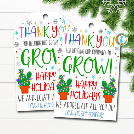 Holiday Staff Gift Tags, Thanks For Helping Our Company Grow - Christmas Holiday Cactus Succulent Plant Gift Tag Label, Employee Gift Idea