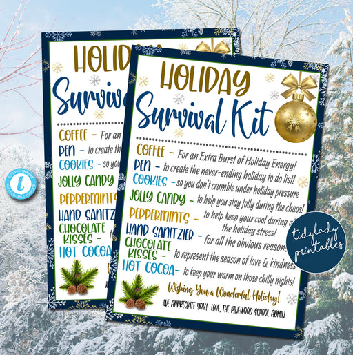 Holiday Survival Kit Printable Tag, Blue Silver Gold, Christmas Winter Gift Idea, School Pta Pto, Church Staff Appreciation Gift, EDITABLE