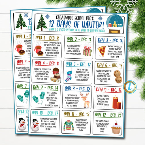 Editable Winter Holiday Appreciation Flyer, Teacher 12 Days of Winter Calendar, School PTO PTA, Holiday Daily Events, Itinerary Template