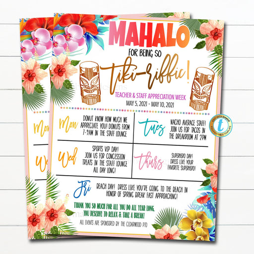 Luau Teacher Appreciation Week Itinerary, Tropical Hawaii You are Tiki-riffic Beach Theme Schedule Events Printable, DIY EDITABLE TEMPLATE