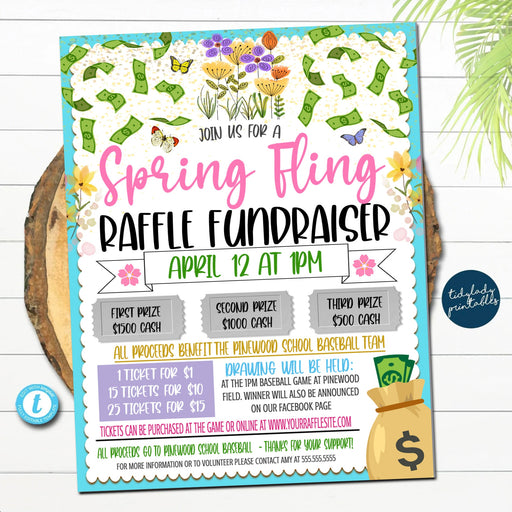 Spring Raffle Ticket Fundraiser Flyer, Easter split the pot Raffle, cash raffle, Sports Spring Fling Fundraiser, pto Church School Charity