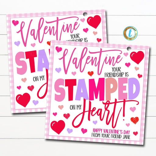 Valentine Stamp Gift Tags, Valentine your friendship is stamped on my heart Art Toy, Friend Kids Classroom School Card Tag Editable Template