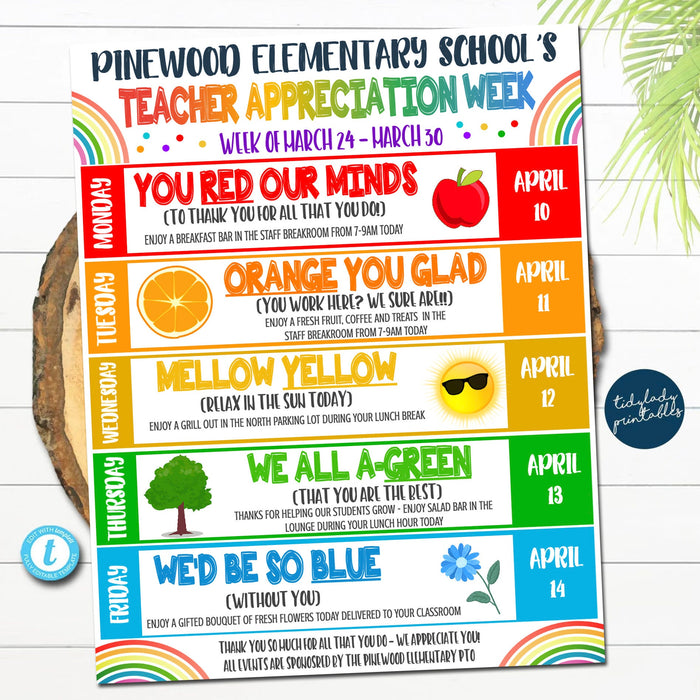Editable Rainbow Theme Teacher Appreciation Staff Invitation Newsletter, Printable Appreciation Week of Events, Take Home Flyer, TEMPLATE
