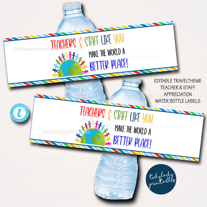 International Around the World Theme Teacher Appreciation Week Printable Water Bottle Labels