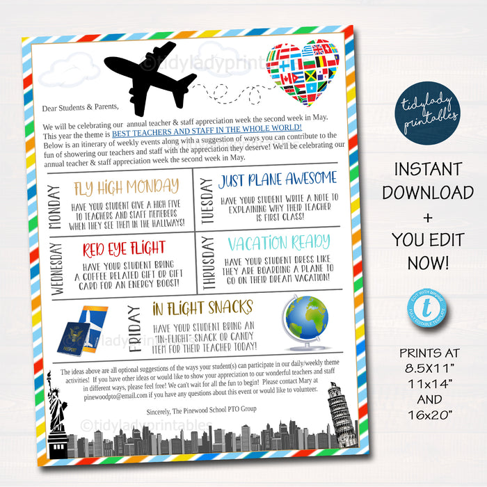 International World Theme Teacher Appreciation Week Take Home Newsletter Printable Template