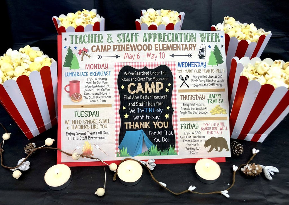 Camp Themed Teacher Appreciation Week Itinerary Poster, Outdoor Wilderness Appreciation Schedule Events,  Printable