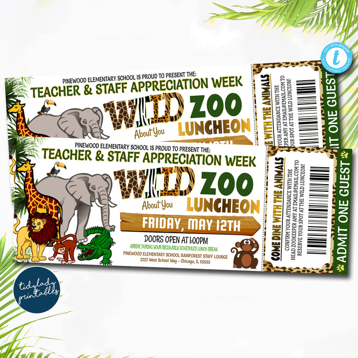 Zoo Appreciation Luncheon Ticket Invite, Jungle Theme Teacher Appreciation Week Party