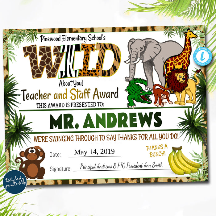 Jungle Zoo Theme Teacher Appreciation Week Award Certificates