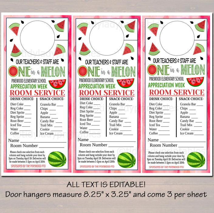 One in a Melon Theme Room Service Door Hanger, Teacher and Staff Appreciation Ideas, Printable Editable Template