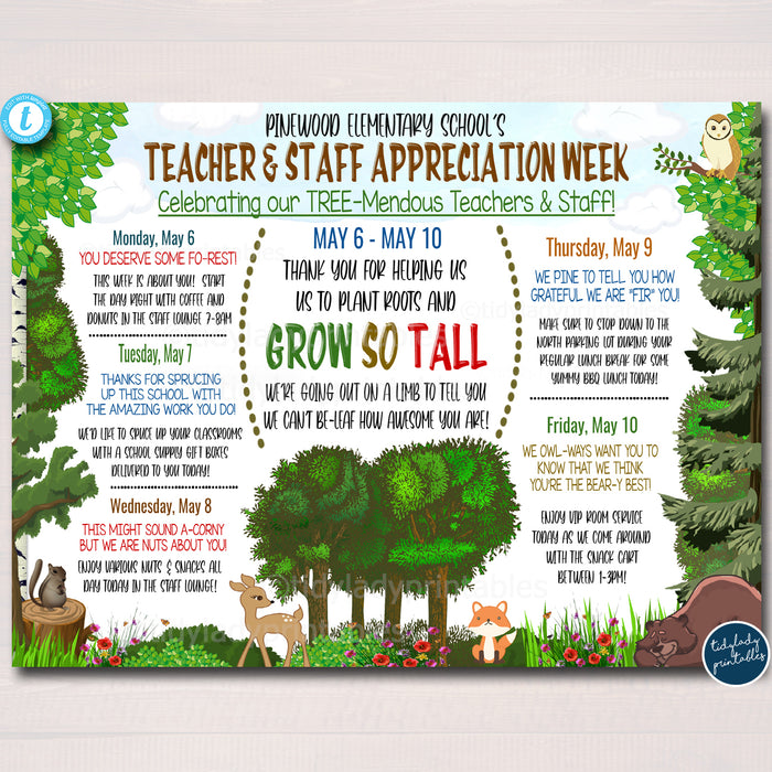 Woodland Forest Themed Teacher Appreciation Week Itinerary Poster Printable