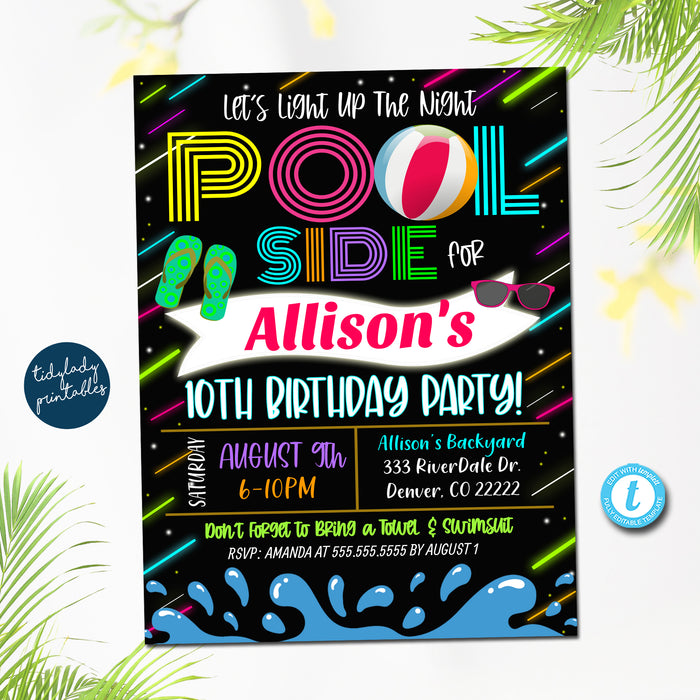Glow in The Dark Neon Light Up The Night Pool Party Invitation - Printable DIY Template