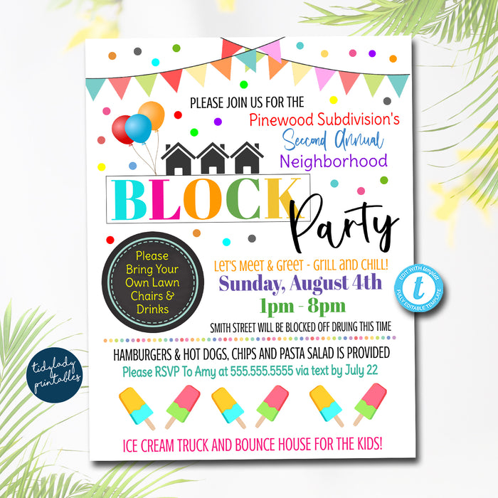 Neighborhood Block Party Invite, Printable Invitation, Bbq Picnic Summer Party, Announcement Card,  Flyer,