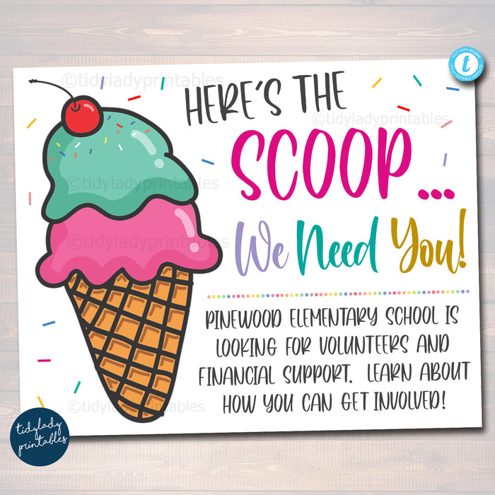 School Pto/Pta Volunteer Recruitment Ice Cream Fundraising Sign Marketing Poster Banner Template