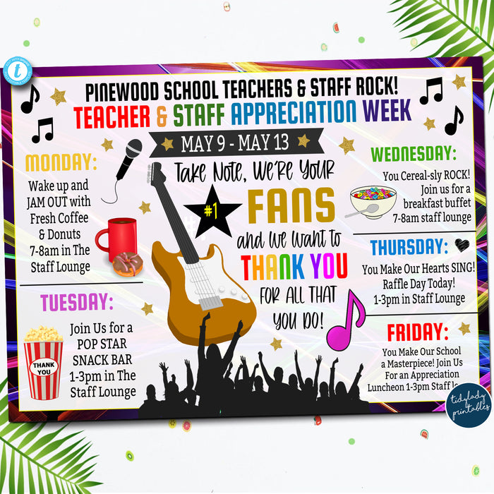 Rockstar Theme Teacher Appreciation Week Itinerary Poster, Schedule of Events Editable Template