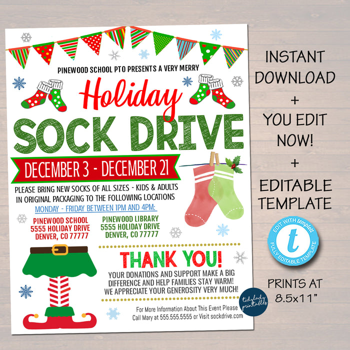 Holiday Sock Drive Drive Flyer, Christmas Charity Church School Donations Fundraiser, Editable Template