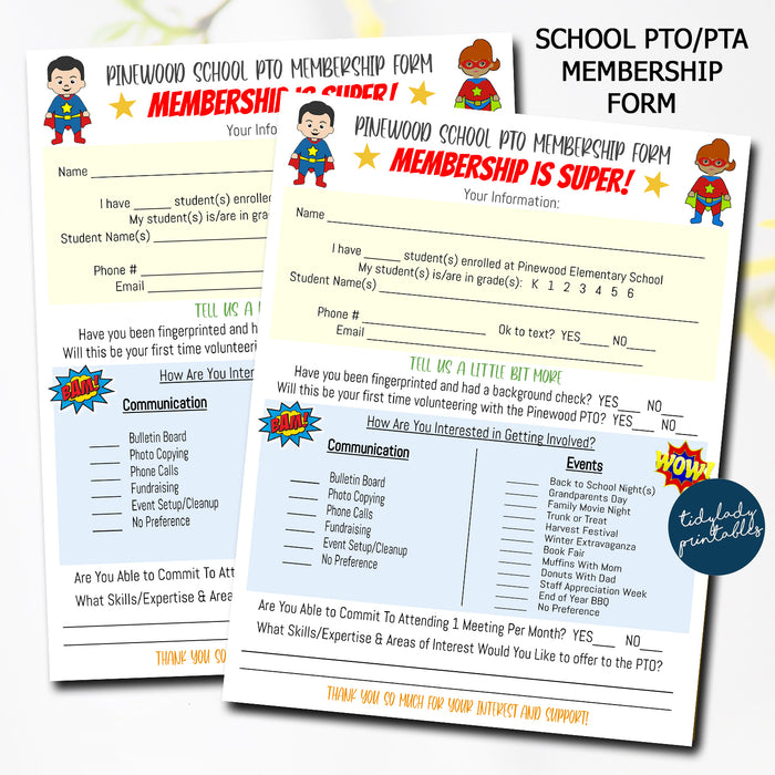 Superhero Theme School PTO PTA Membership Form Template
