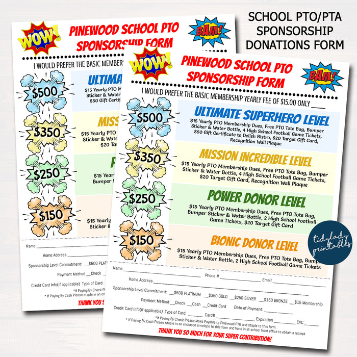 Superhero Theme School Pto/Pta Sponsorship Form, Editable Template