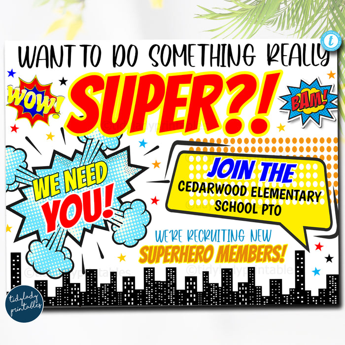 School Pto/Pta Volunteer Recruitment Superhero Theme Fundraising Poster Template