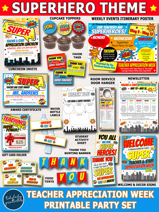 Superhero Theme Teacher Appreciation Week Printable Party Set