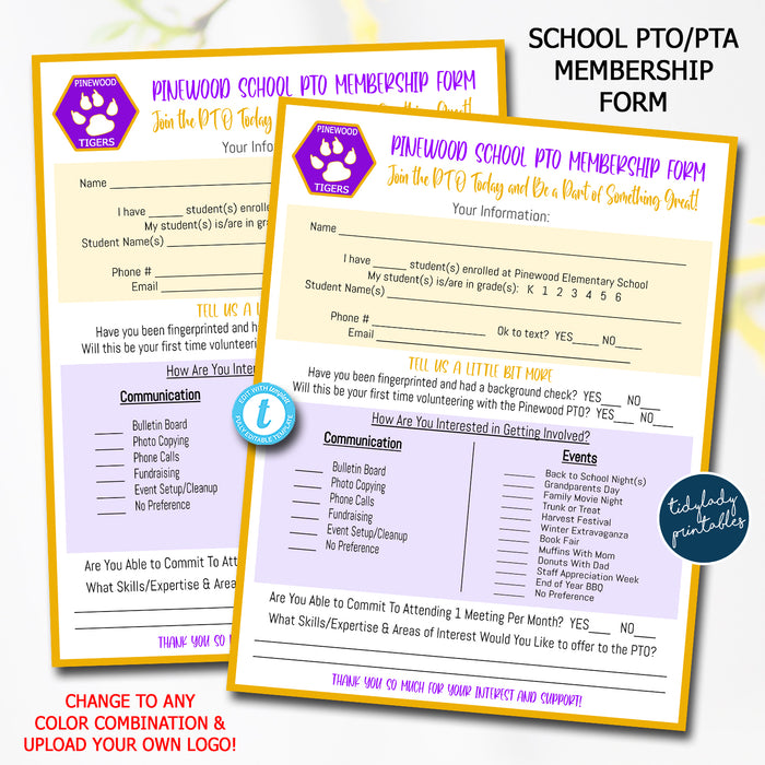 School Pto/Pta Volunteer Membership Form, Editable Template