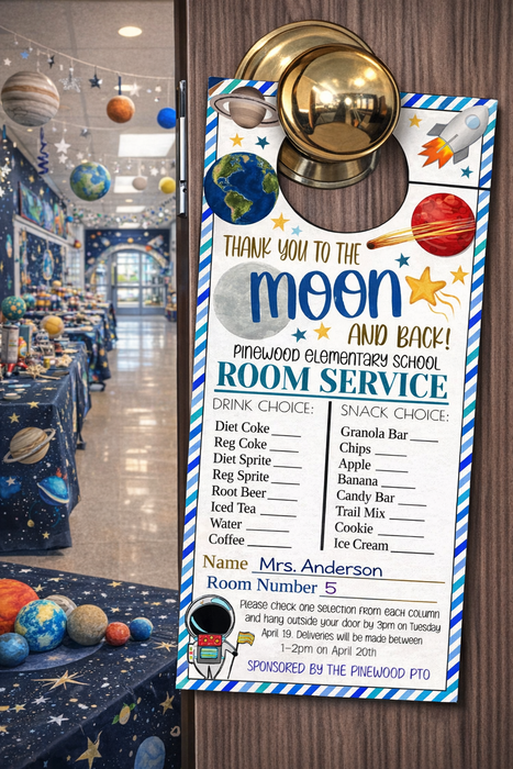 Outer Space Theme Teacher Appreciation Week Printable Room Service Door Hangers
