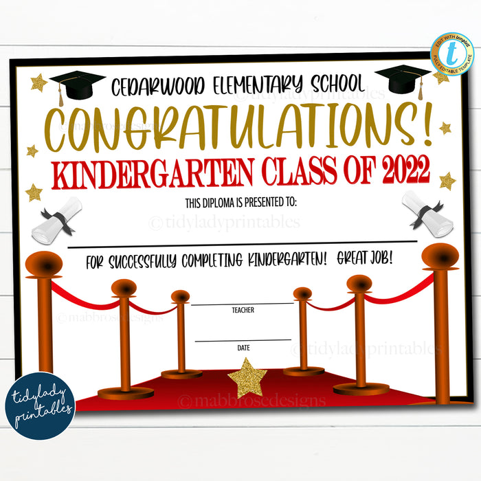 Red Carpet Theme Hollywood Graduation Ceremony Certificate Diploma Template Kindergarten, Any Grade Elementary School, Preschool Graduate, EDITABLE TEMPLATE