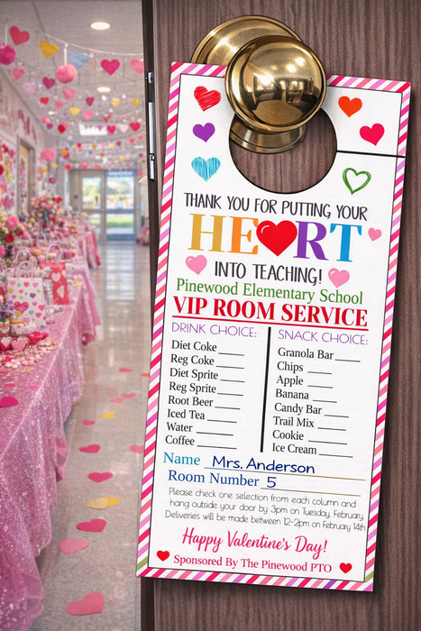 Printable/Editable VIP Room Service Valentine's Day Thank You Door Hanger for teacher staff appreciation week pto/pta, Hearts Into Teaching