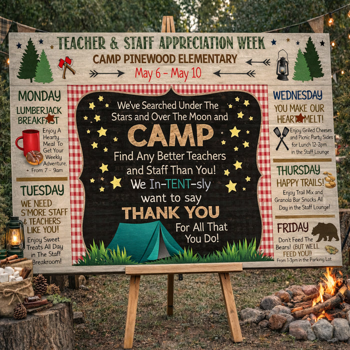Camp Themed Teacher Appreciation Week Itinerary Poster, Outdoor Wilderness Appreciation Schedule Events,  Printable