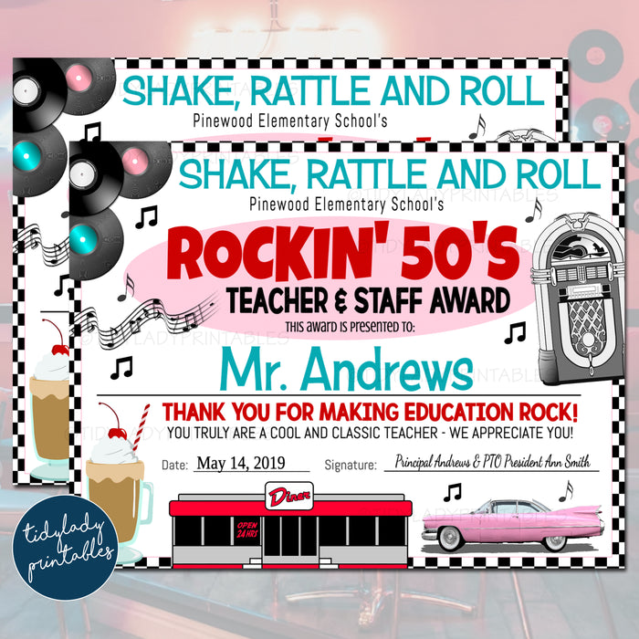 1950s Theme Teacher Appreciation Week Printable Party Set