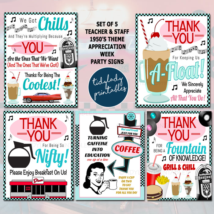 1950s Diner Theme Staff Teacher Appreciation Printable Decor Signs