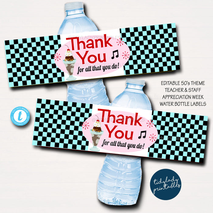 1950s Party Theme Teacher Appreciation Printable Water Bottle Labels