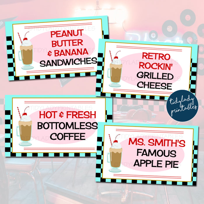 1950s Diner Party Theme Printable Food Tent Labels