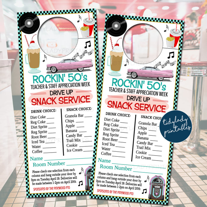 1950s Diner Theme Room Service Door Hanger, Teacher Staff Appreciation Week, Thank You Idea Printable