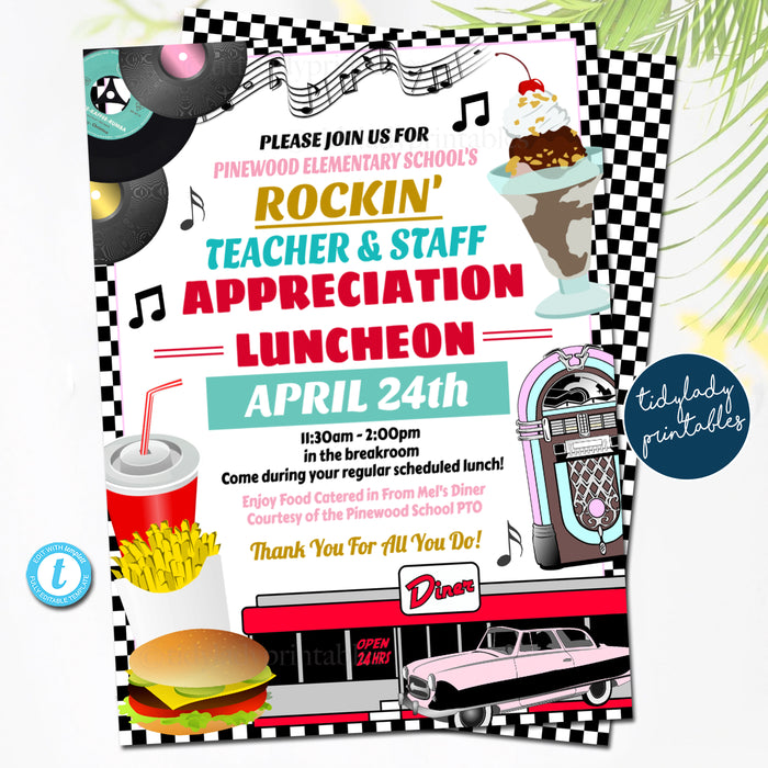 50's Diner Theme Appreciation Party Invitation, Thank you Staff Employee Teacher Luncheon Breakfast Event Invitation, EDITABLE TEMPLATE