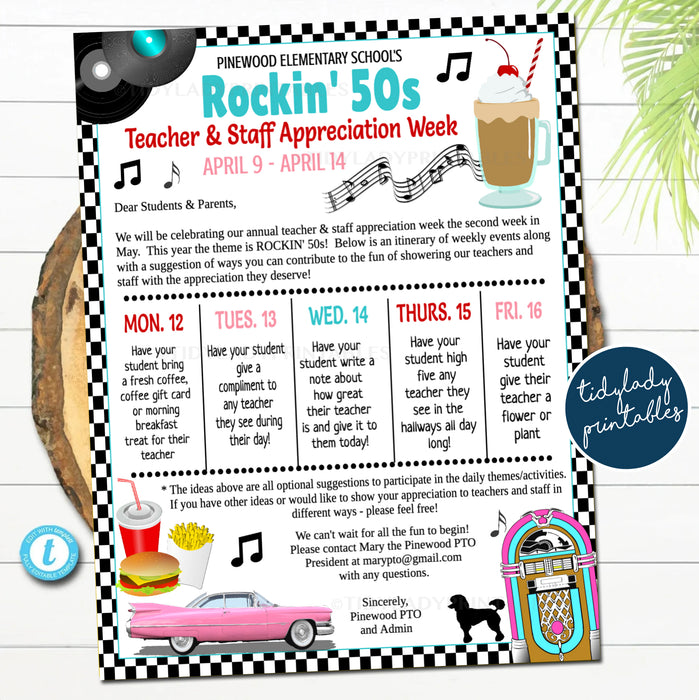 50s Diner Theme Teacher Appreciation Week Itinerary, Retro Vintage School Staff Schedule Events Printable Template