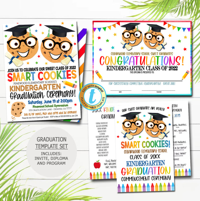 Smart Cookies Theme Graduation Ceremony Set, Certificate Diploma Invite and Program Templates, Any Grade EDITABLE TEMPLATE