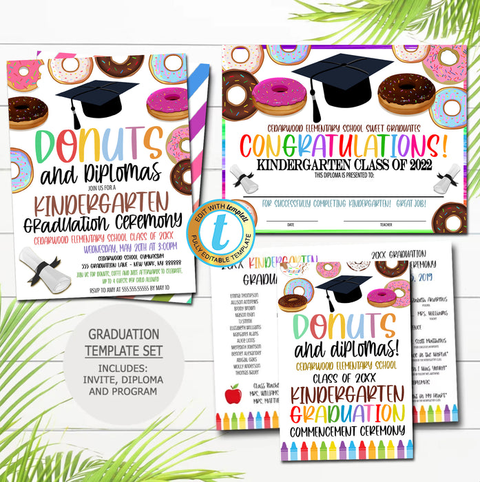 Donuts and Diplomas Theme Graduation Ceremony Set, Certificate Diploma Invite and Program Templates, Any Grade EDITABLE TEMPLATE