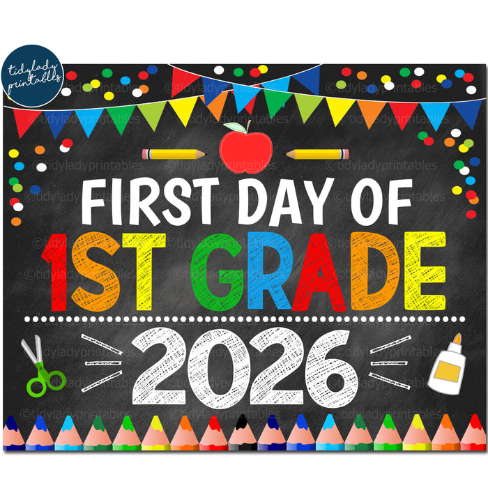 First Day of First Grade 2026, Printable Back to School Chalkboard Sign, Primary Colors Boy Confetti, 1st Grade Digital Instant Download