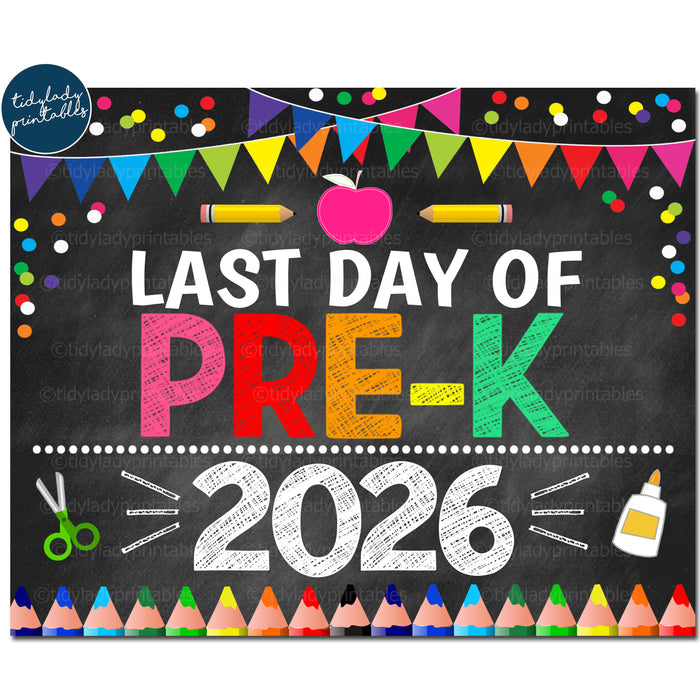 Last Day of PRE-K 2026, Printable End of School Chalkboard Sign, Rainbow Colors Girl Banner Confetti Digital Instant Download