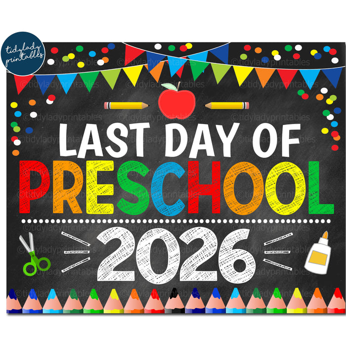 Last Day of Preschool 2026, Printable End of School Chalkboard Sign, Primary Colors Boy Banner Confetti Digital Instant Download