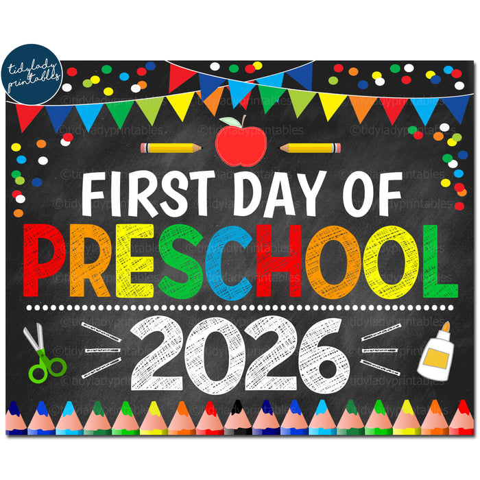 First Day of Preschool 2026, Printable Back to School Chalkboard Sign, Primary Colors Boy Banner Confetti Digital Instant Download
