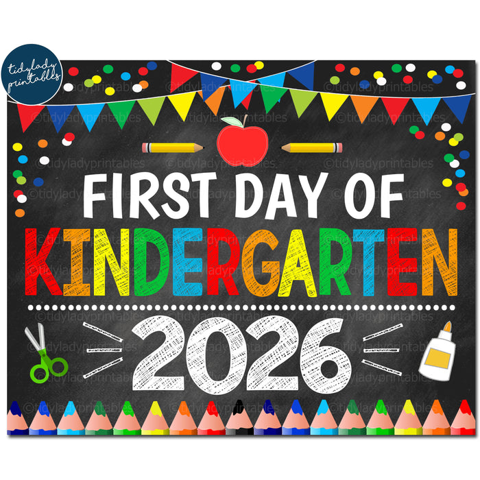 First Day of Kindergarten 2026, Printable Back to School Chalkboard Sign, Primary Colors Boy Banner Confetti, Digital Instant Download