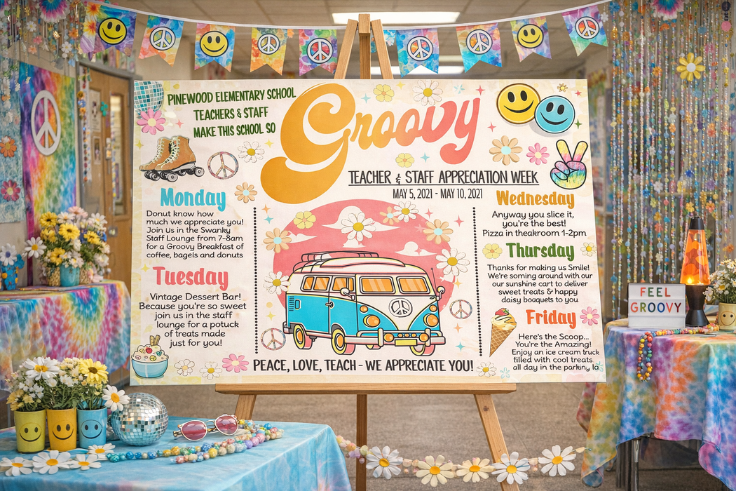 Groovy 60s 70s Theme Teacher Appreciation Week Itinerary, Peace Love Teach School Staff Schedule Events Printable, EDITABLE TEMPLATE