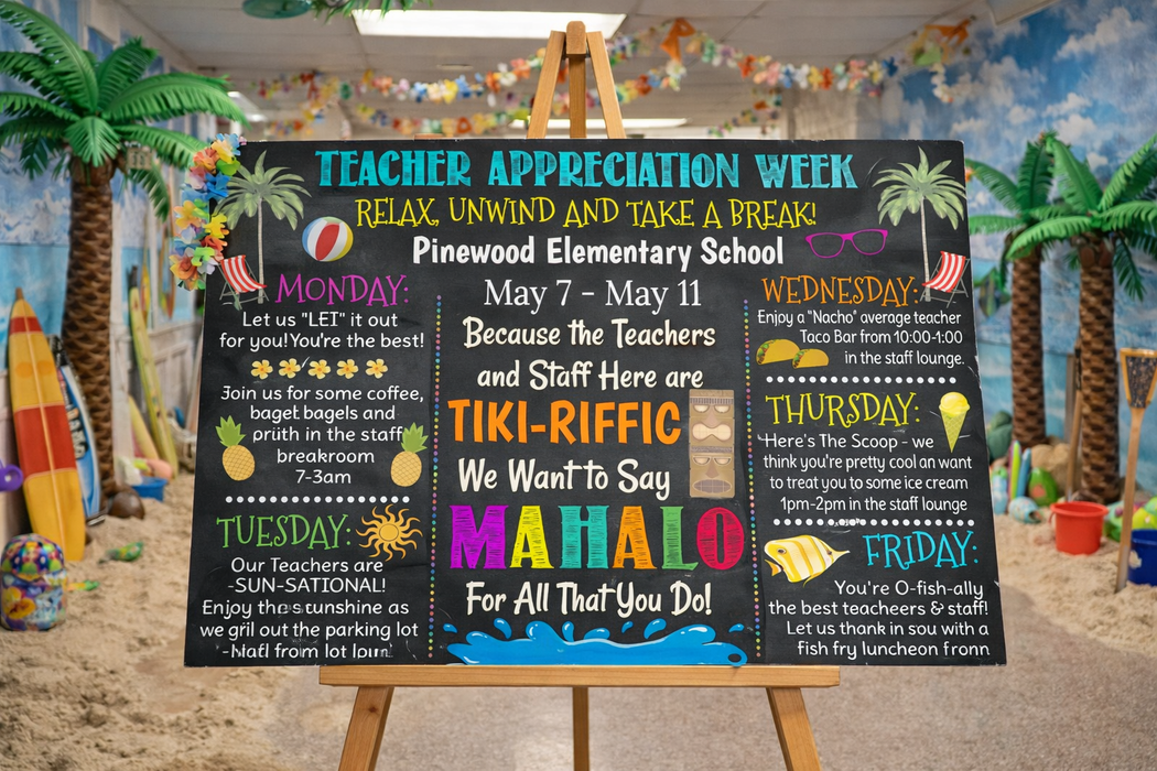 Beach Themed Teacher Appreciation Week Itinerary Poster Hawaiian Theme Appreciation Week Schedule Events  Printable