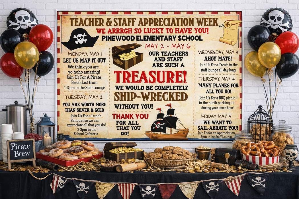 Pirate Themed Teacher Appreciation Week Itinerary Poster Printable