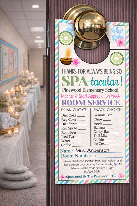 Spa Theme Room Service Door Hanger, Teacher Staff Appreciation Week, Thank You Idea Printable