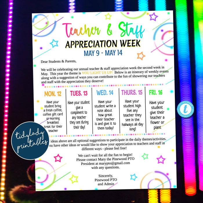 Glow in the Dark Neon Theme Teacher Appreciation Week Take Home Itinerary Printable EDITABLE TEMPLATE