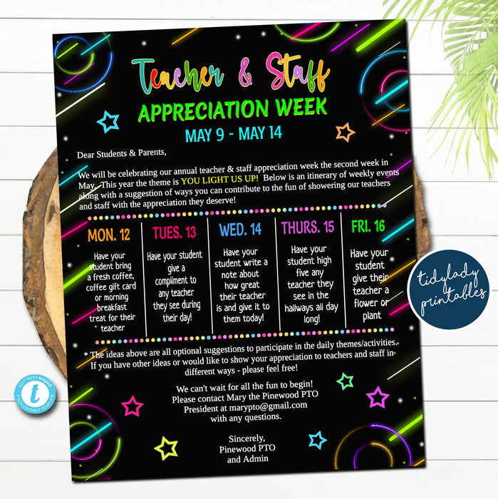 Glow in the Dark Neon Theme Teacher Appreciation Week Take Home Itinerary Printable EDITABLE TEMPLATE